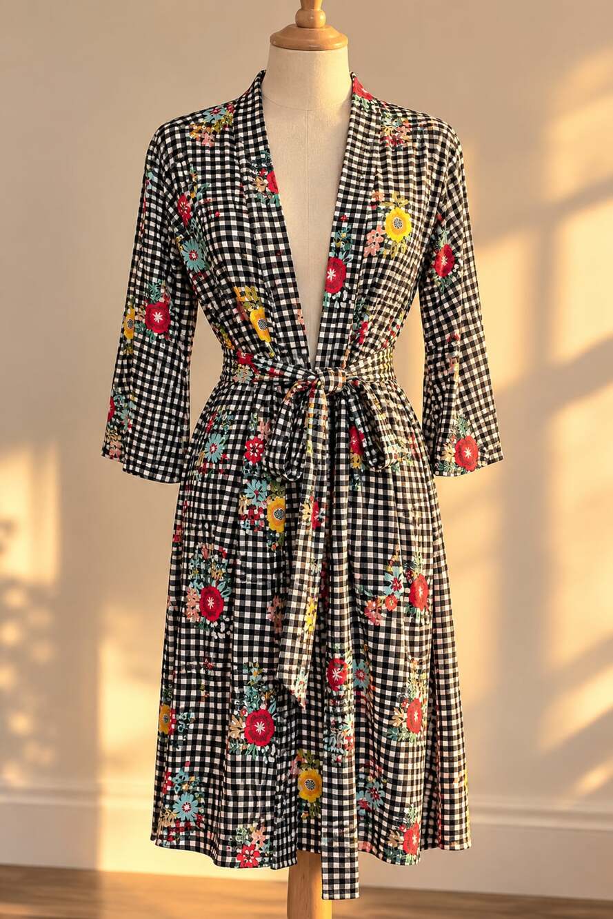 Posh Peanut Chloe Gingham Floral Bamboo Robe M Belted